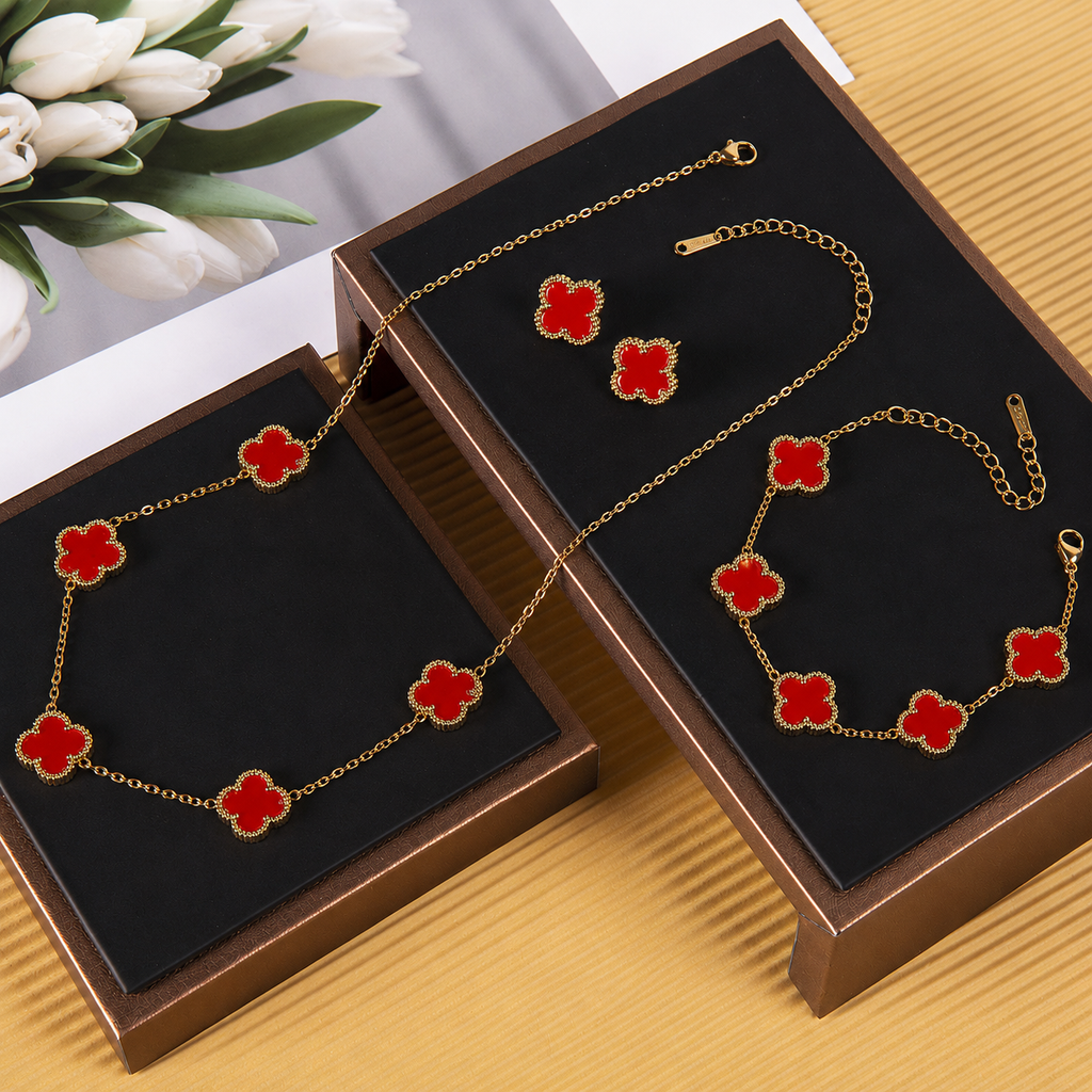 Parure Trèfle Porte-Bonheur en Acier Inoxydable - Collier, Bracelet & Boucles d'Oreilles