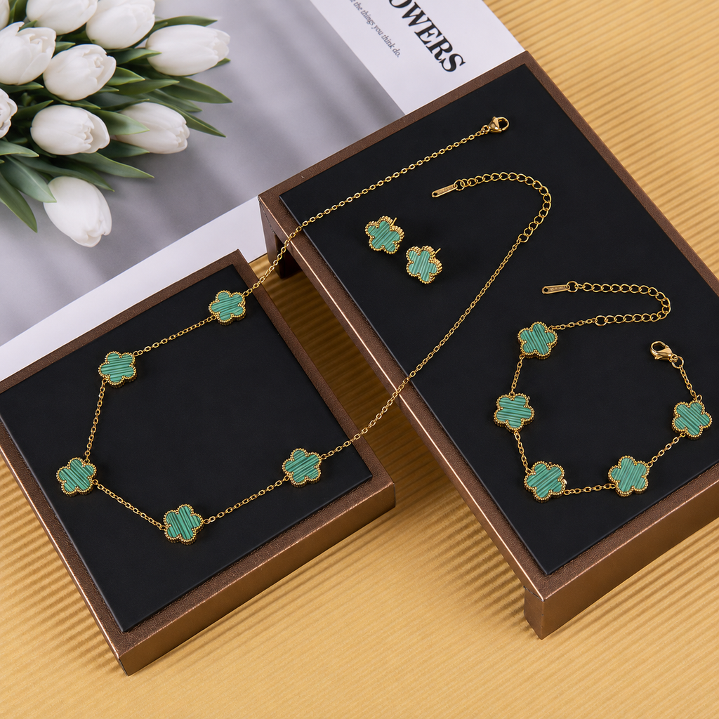 Parure Trèfle Porte-Bonheur en Acier Inoxydable - Collier, Bracelet & Boucles d'Oreilles