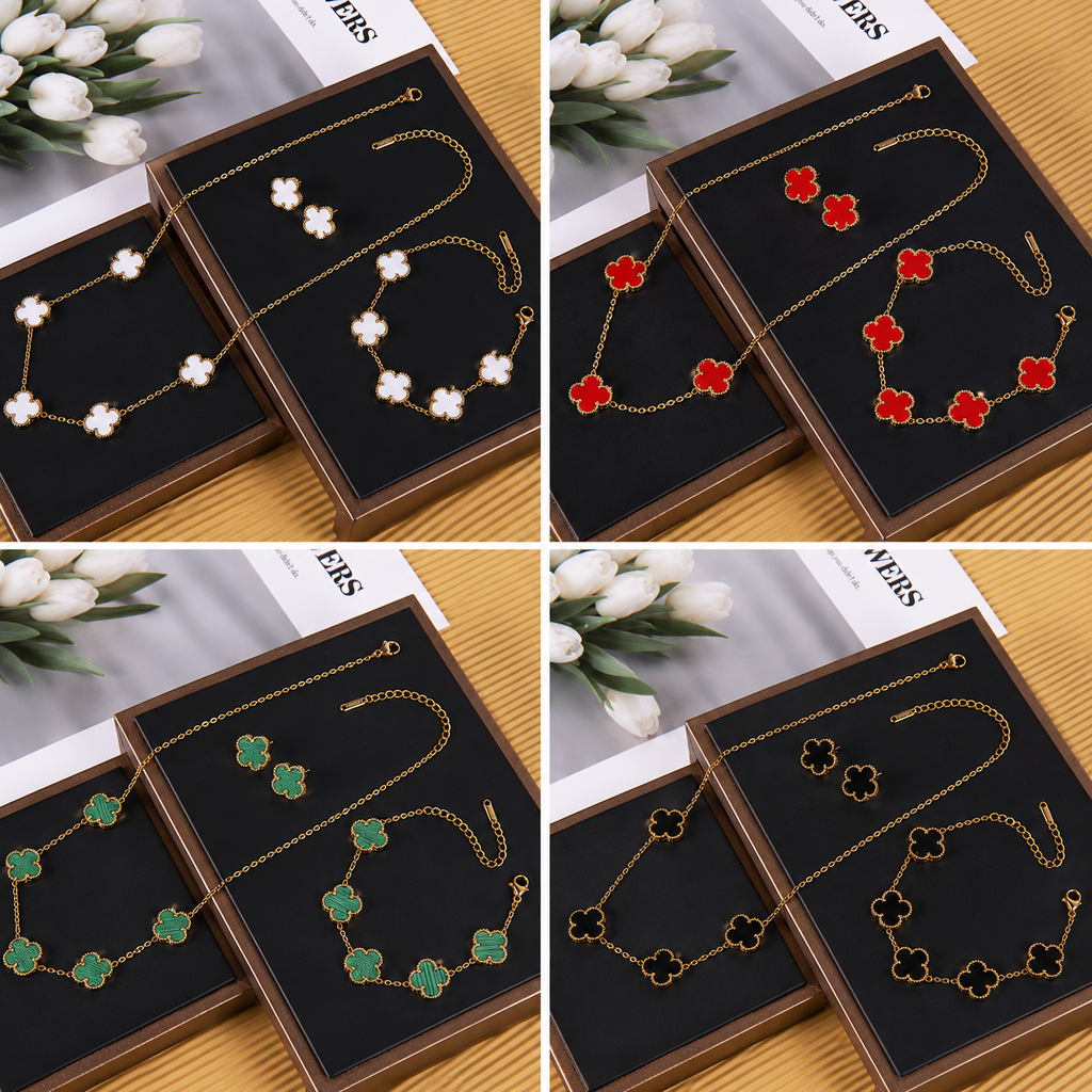 Parure Trèfle Porte-Bonheur en Acier Inoxydable - Collier, Bracelet & Boucles d'Oreilles